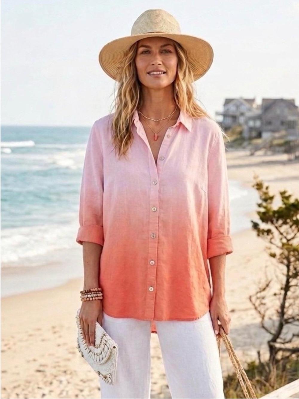 J. Jill Pink to Coral Ombre Button-Down Linen Shirt XL